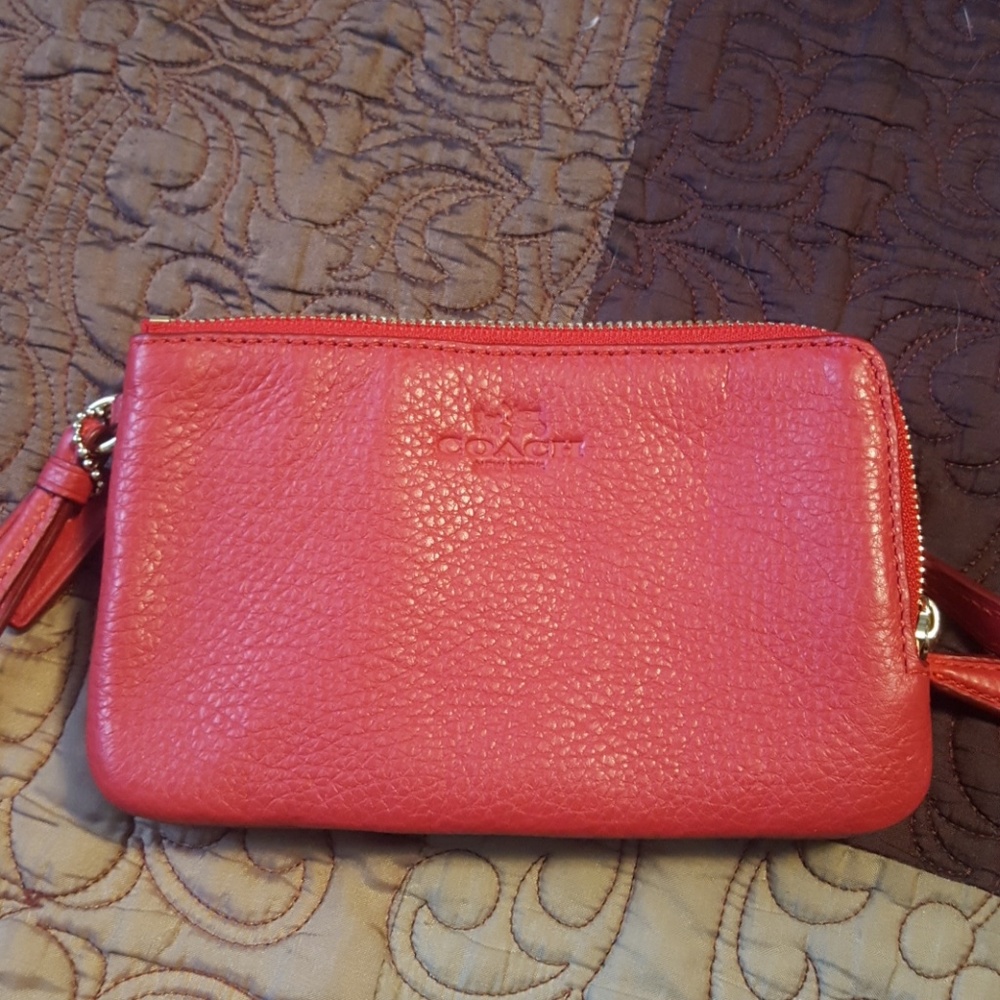 Coach Pebble Leather Double Zip Wristlet Red